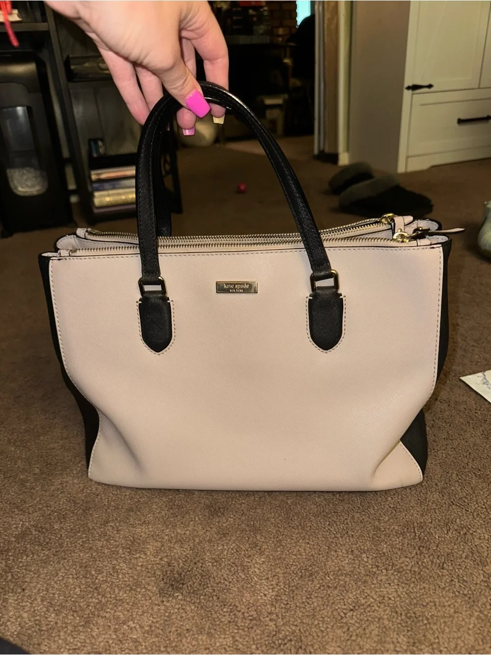 kate spade Beige and Black Satchel with Gold Logo Plate